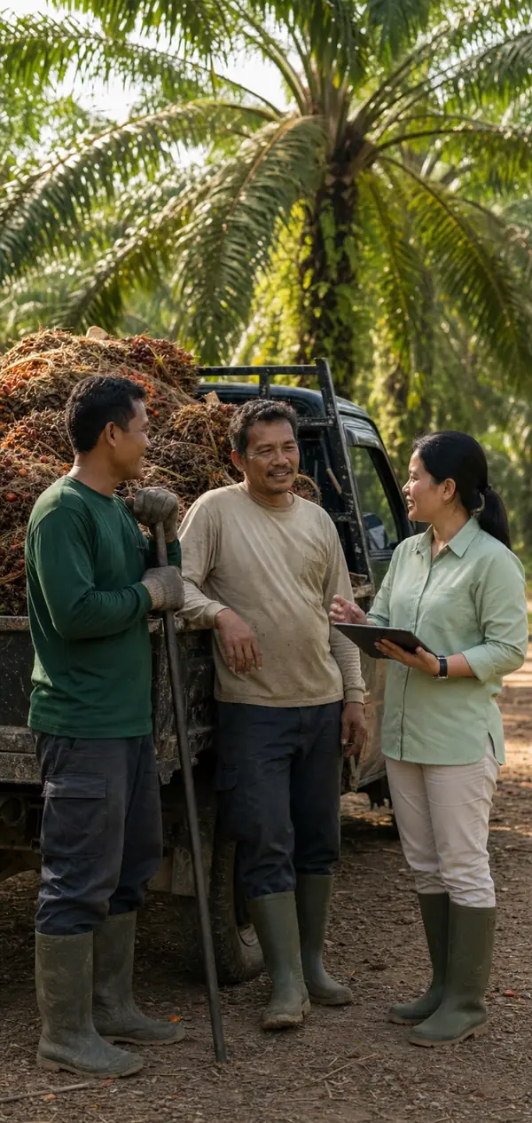 Petani dan mitra Palmio berdiskusi di samping angkutan TBS